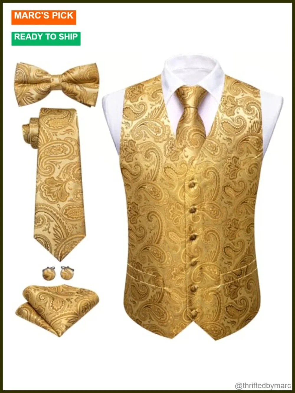 Men's Formal Vest Tie Bowtie Set 7PCS Silk Paisley Waistcoat Hanky Cufflinks